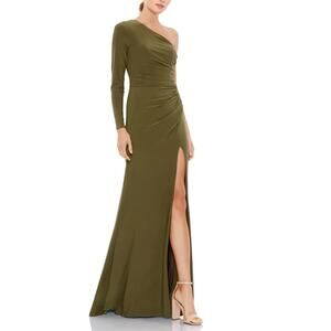 IEENA For Mac Duggal NWT Olive Green One Sleeve Jersey Ruched Maxi Gown Dress